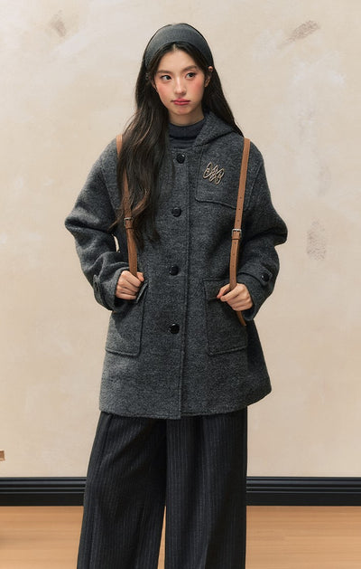 College Style Woolen Quilted Hooded Horn Button Coat SHI0088