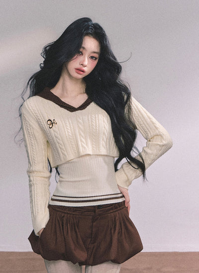 American Style Navy Collar Knitted Top+Vest DIA0616