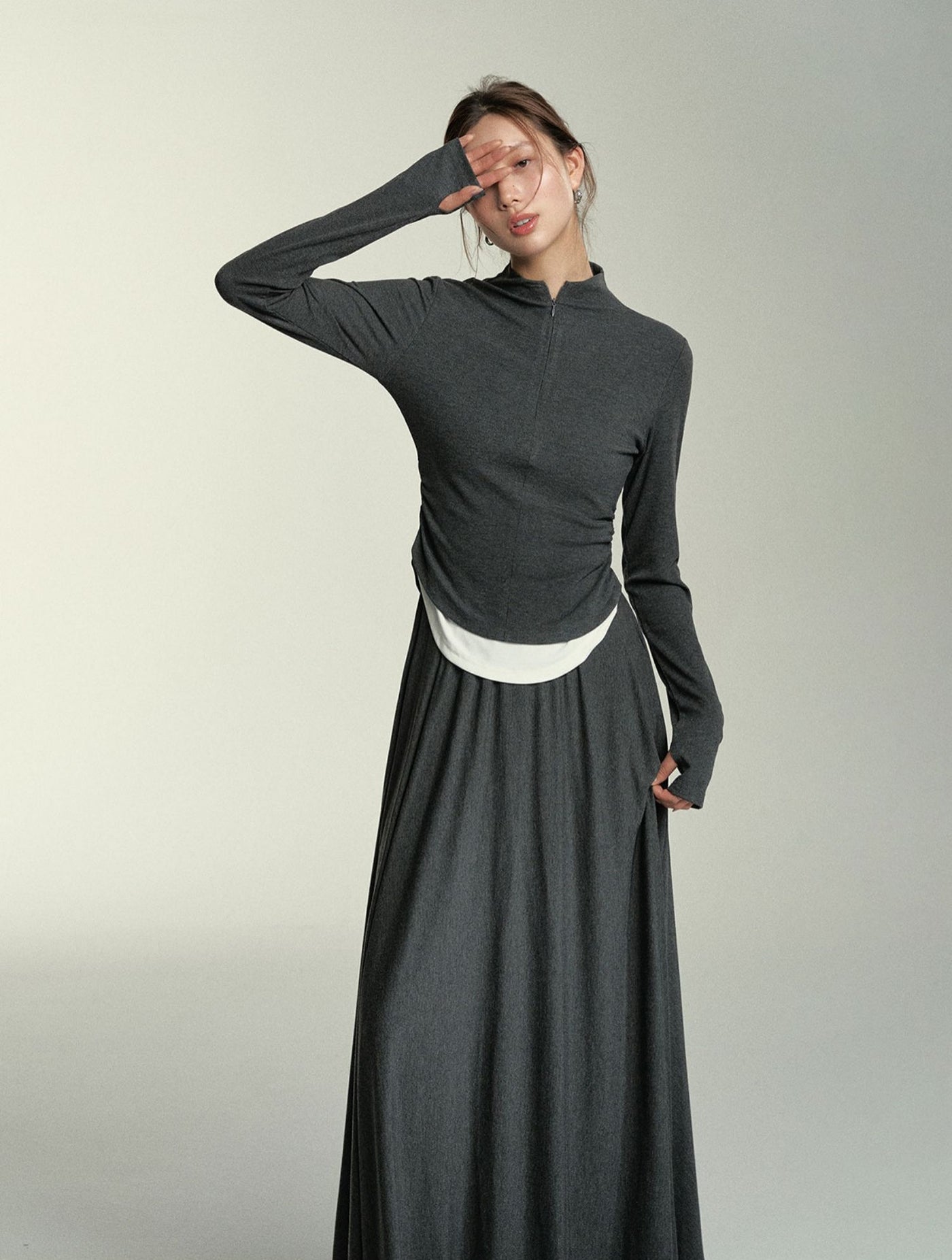 Fake Two-piece Pleated Top/Wide Long Skirt SOM0049