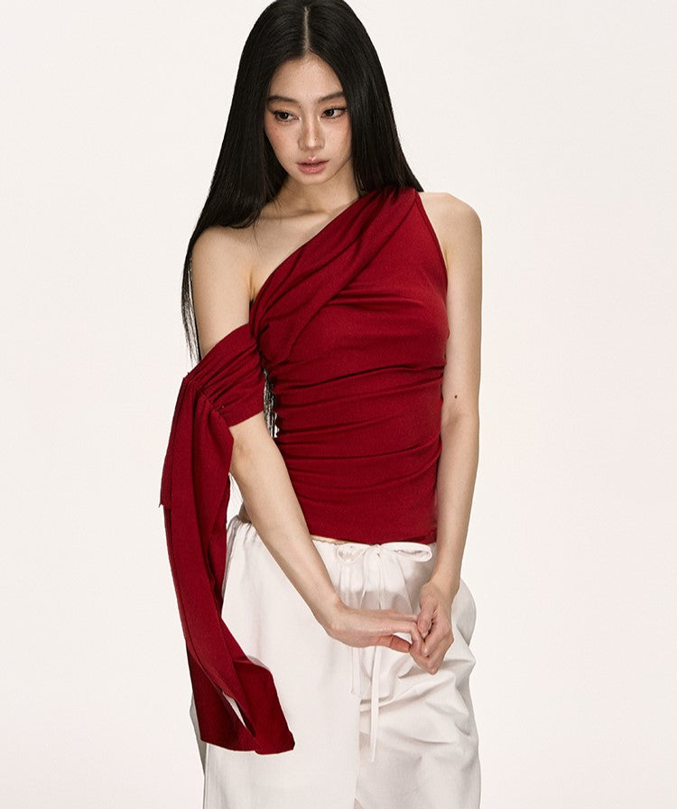 Irregular Oblique Shoulder Ribbon Red Top ANA0013