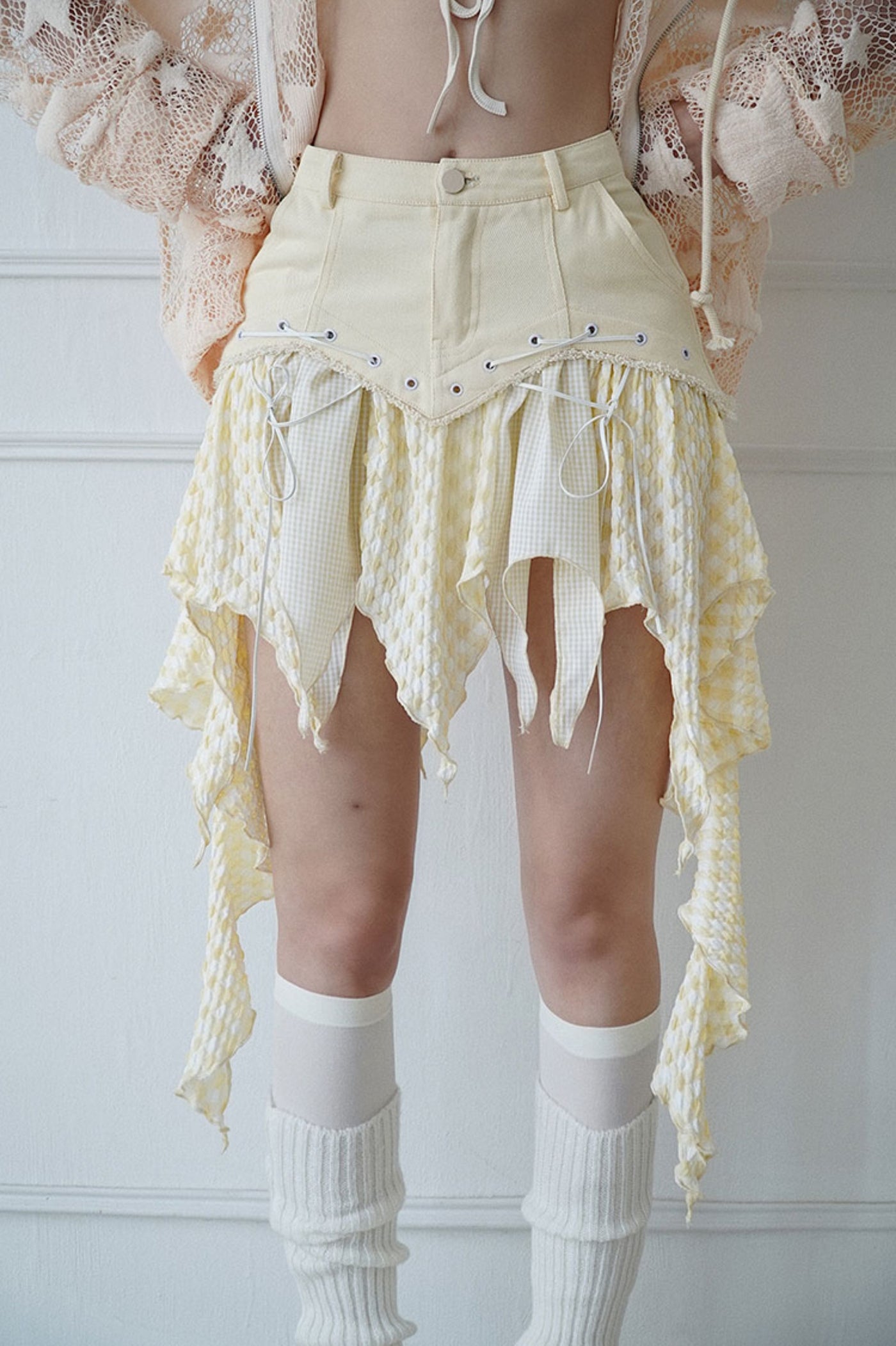 Cream Yellow Irregular Splicing Skirt WSW0001