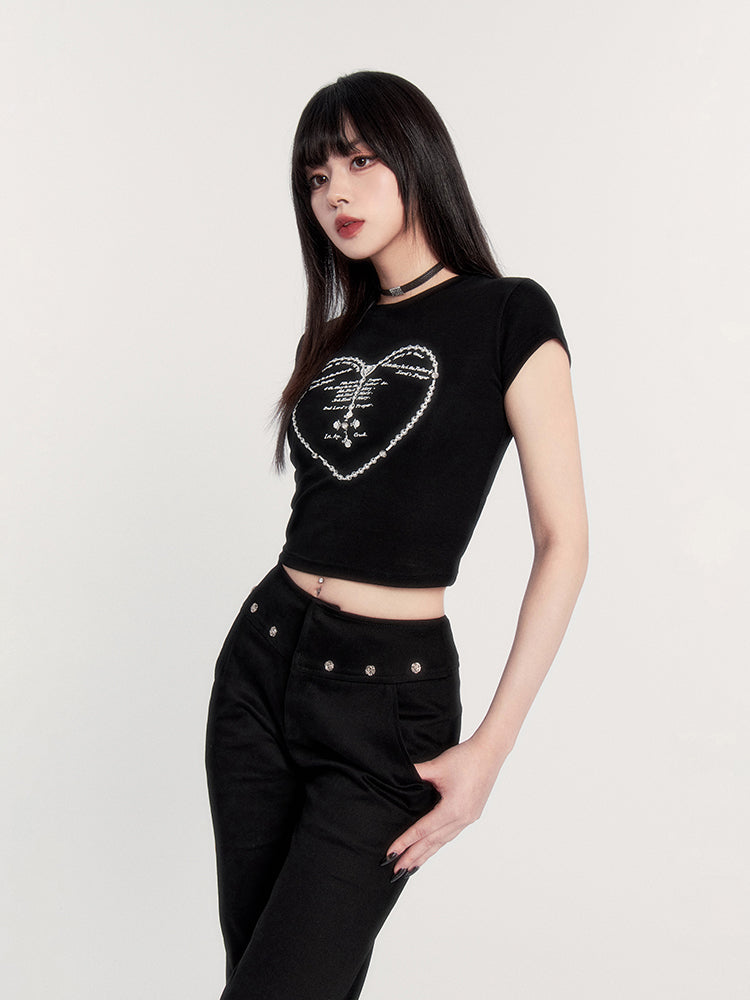 Micro-elastic Dark Rhinestone Heart Printed Short Sleeve T-shirt VOC0238