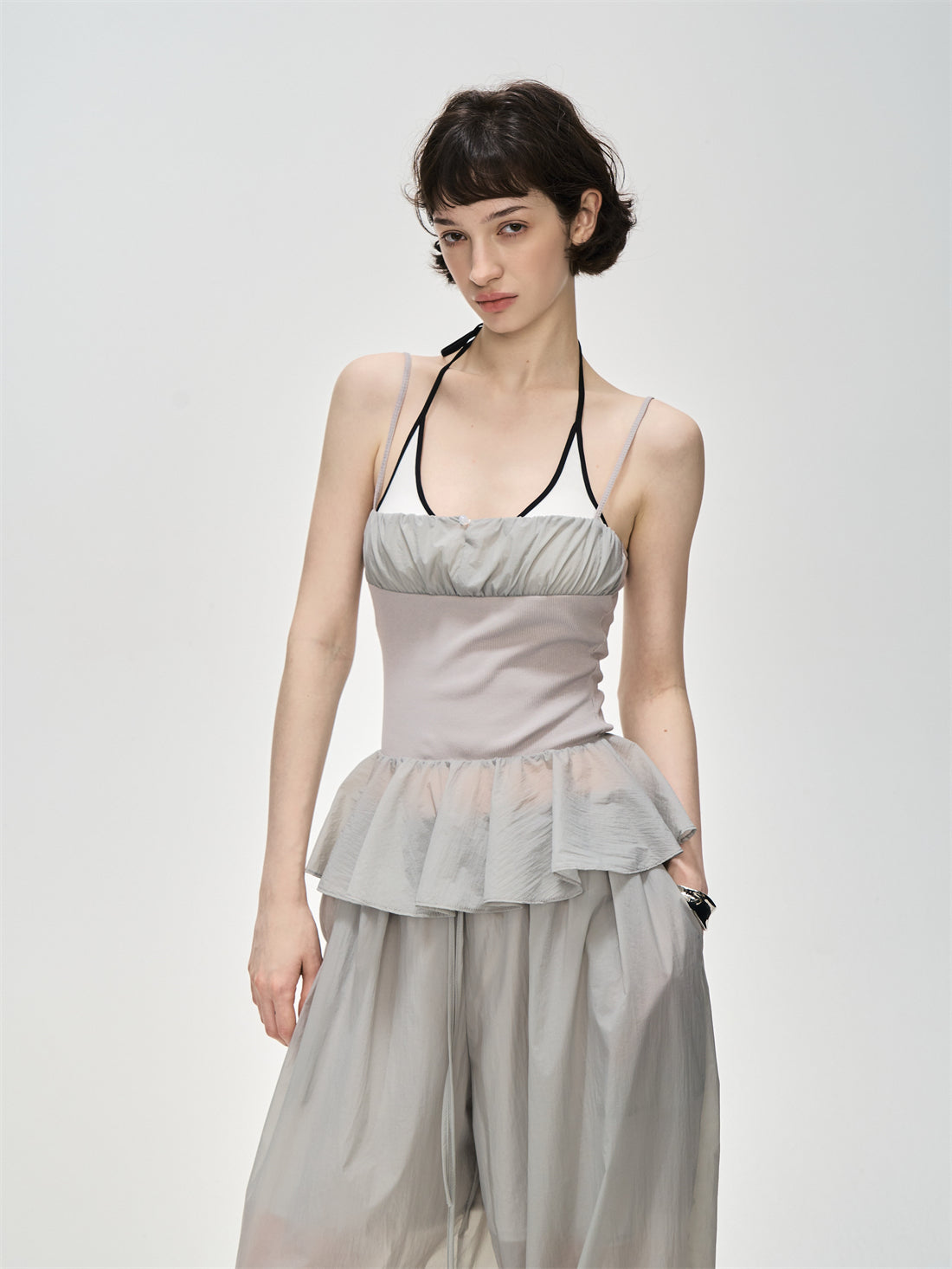 Translucent Pleated Loose Drawstring Pants CUR0231