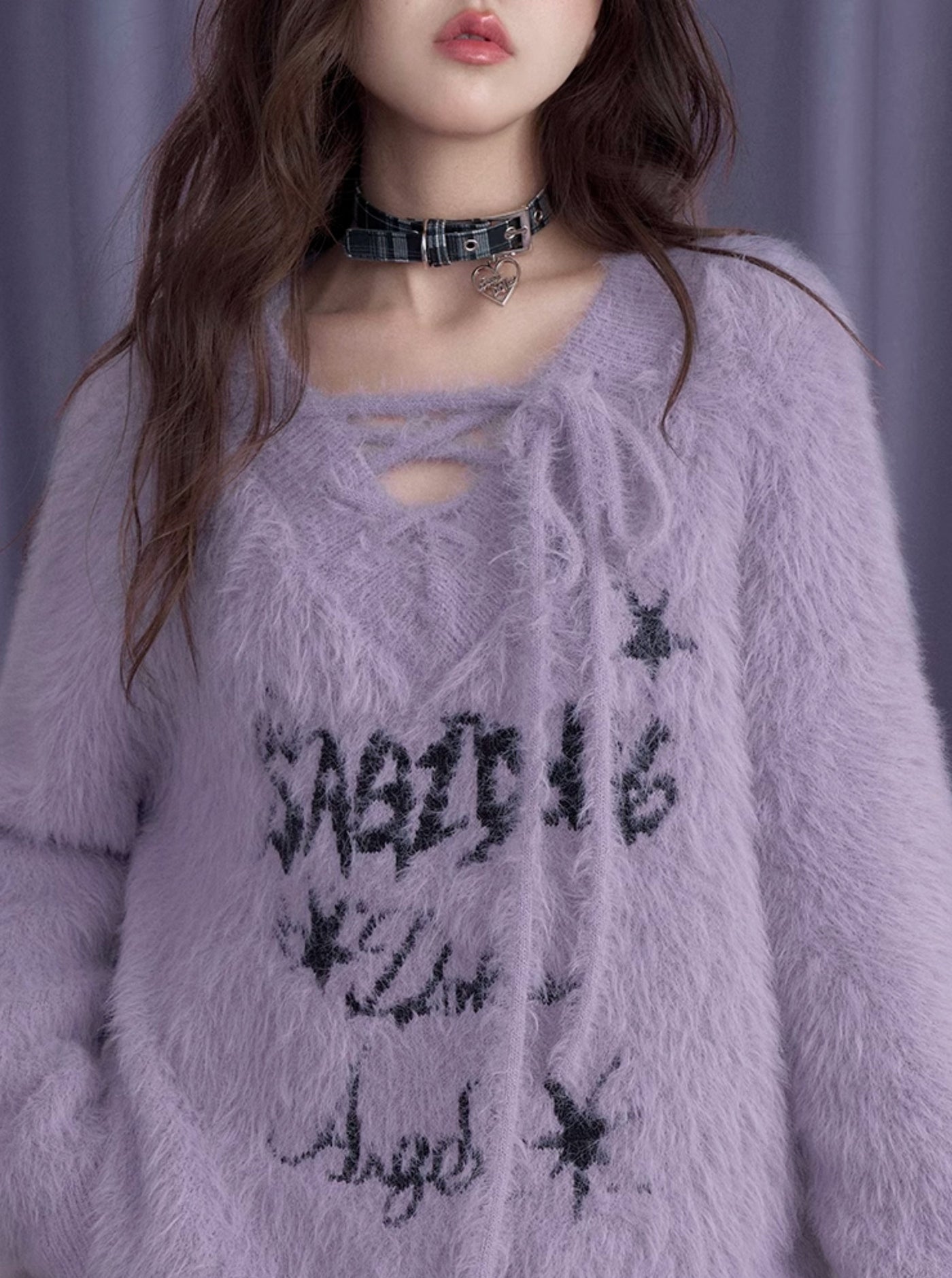 Fluffy Purple Rabbit V-neck Imitation Mink Loose Sweater SAG0198