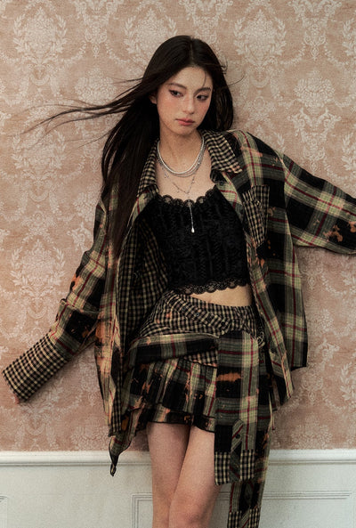 Lace Camisole/Plaid Shirt/Irregular Skirt VIA0151