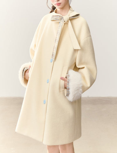 Bow Tie Plaid Patchwork Wool Coat NTO0244