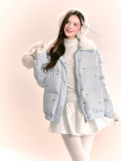 Ribbon Vertical Stripes Printed Thick Fur Collar Down Jacket QDQ0089