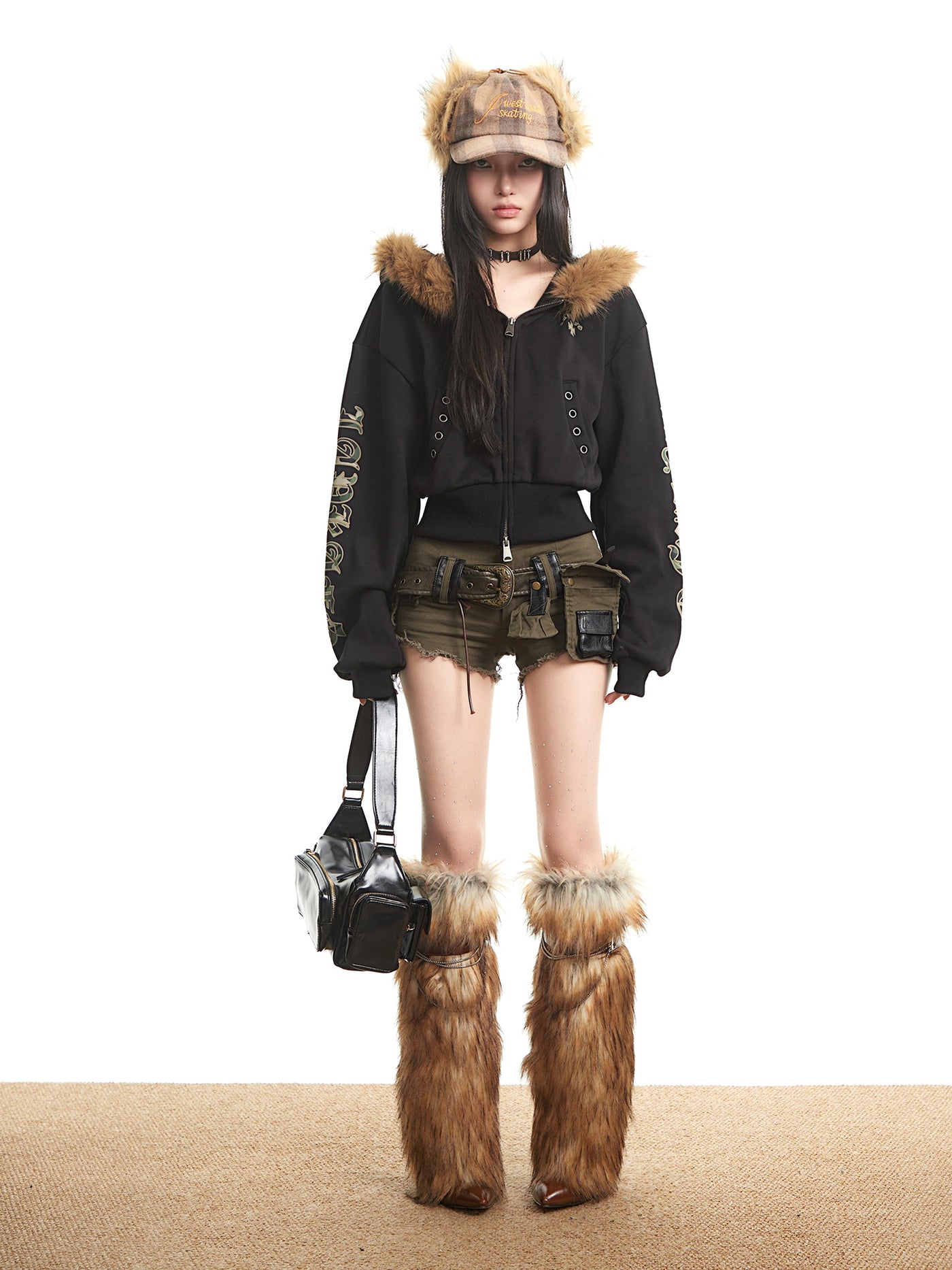 Fur Collar Long-Sleeve Hooded Sweatshirt Jacket UNC0320