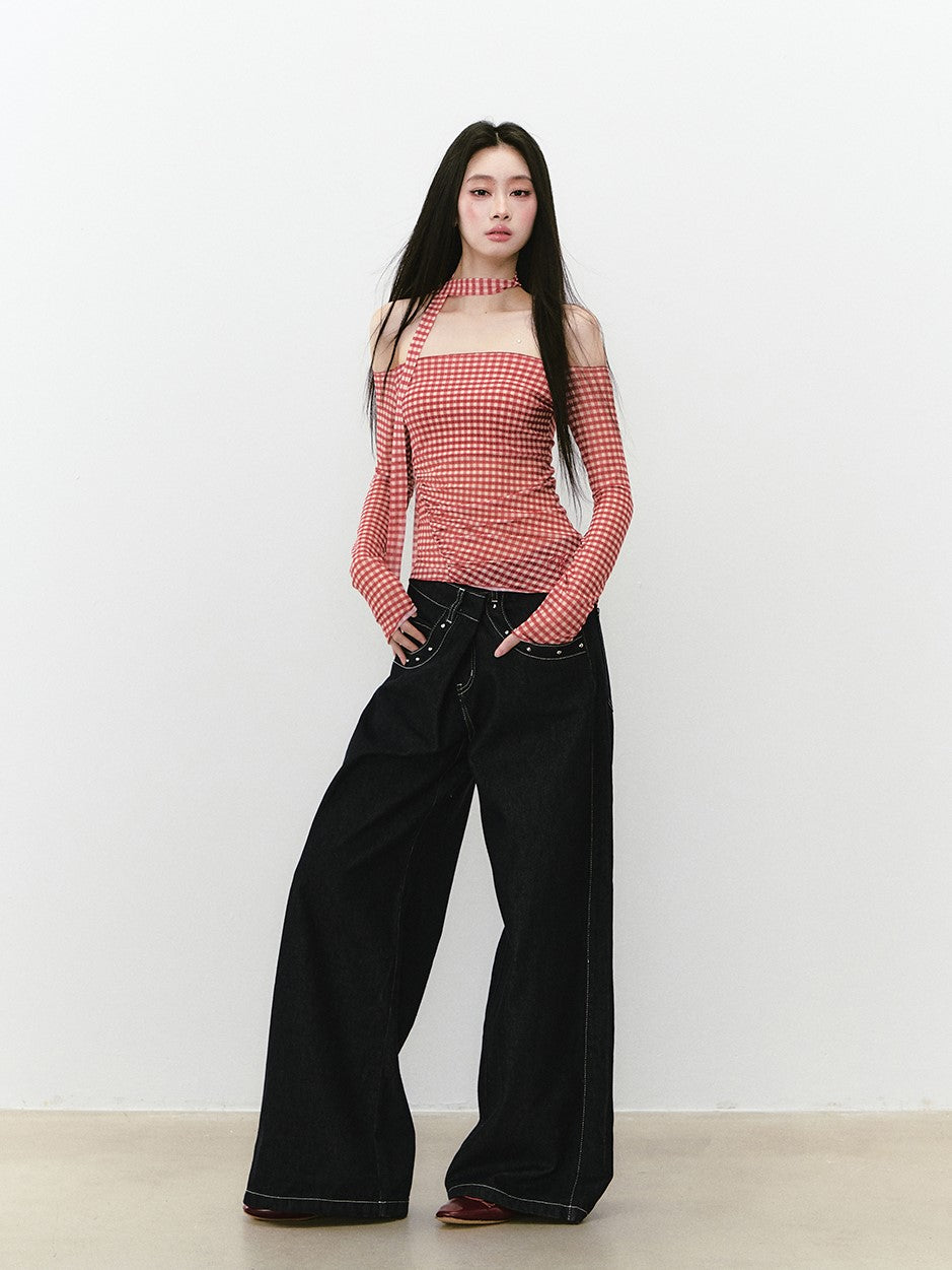 Plaid Mesh Long-sleeved T-shirt VIA0263