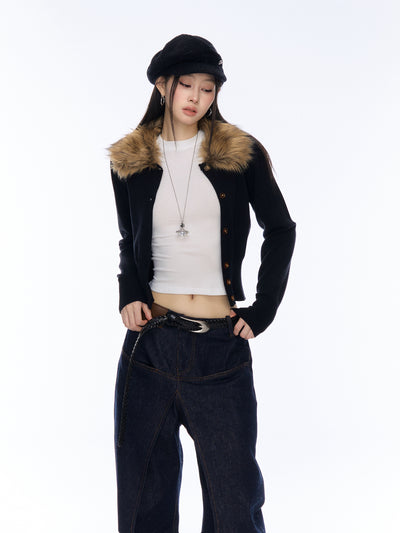 Retro Slim Detachable Fur Collar Short Sweater Cardigan CUR0179