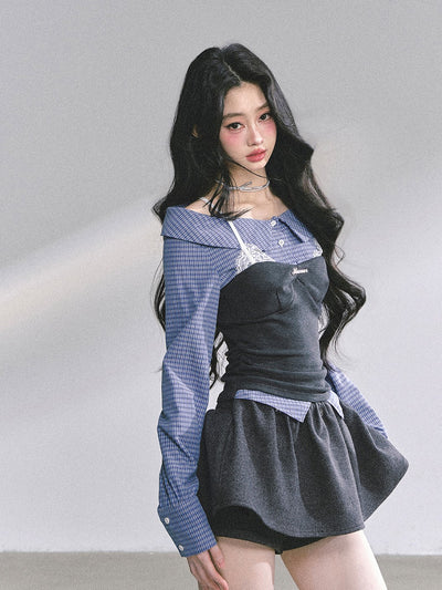 Fake Two-piece Plaid Lace Shirt DIA0573