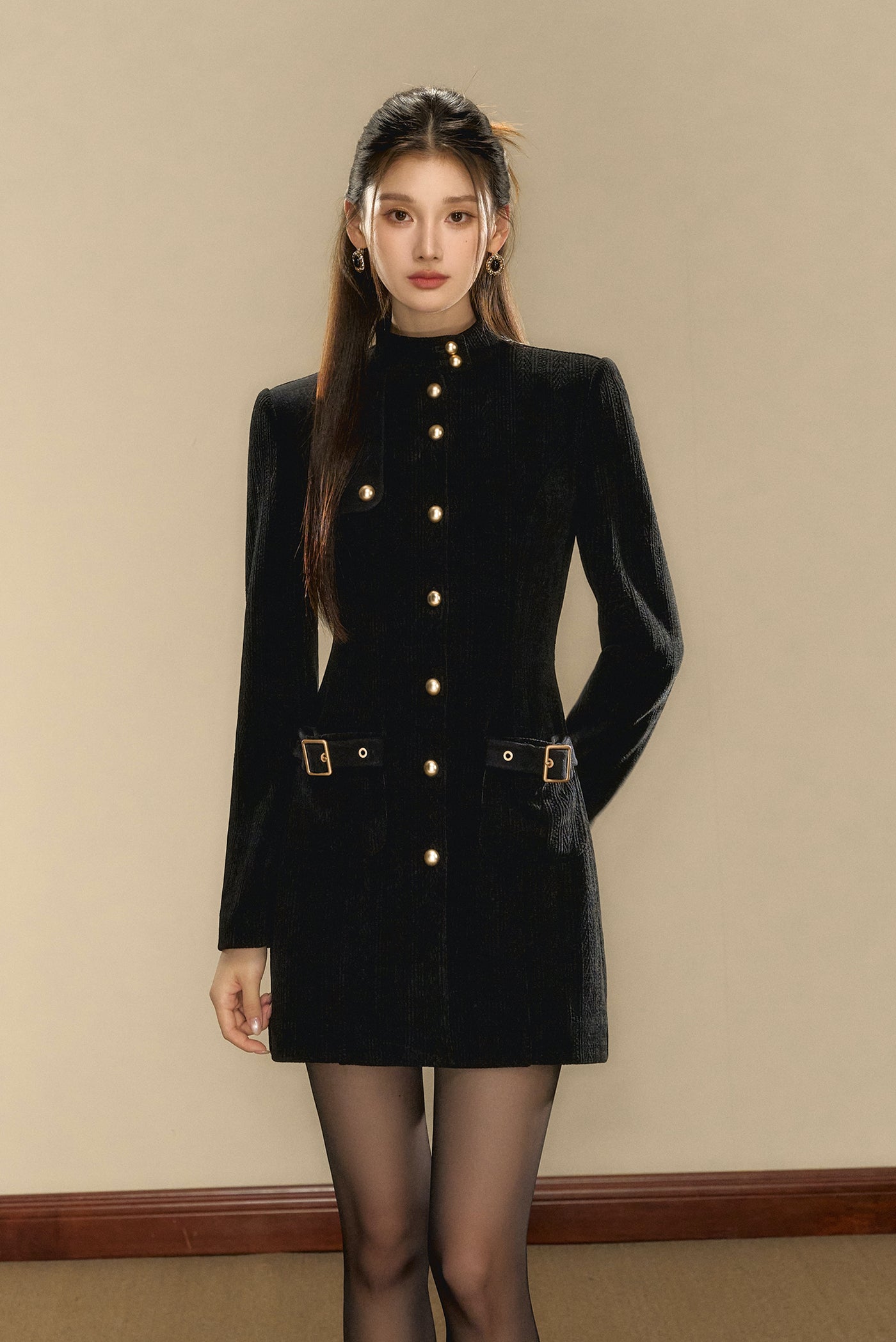 Star Black Stand-up Collar Waist Gold Buckle A-line Dress OSH0104