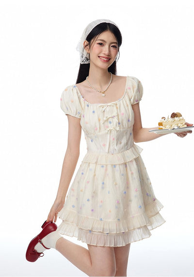 French Colorful Flower Embroidery Puff Sleeve Cake Dress NTO0100