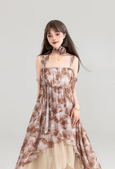 Rose Floral Sling Irregular Design Slim Long Dress KEI0110