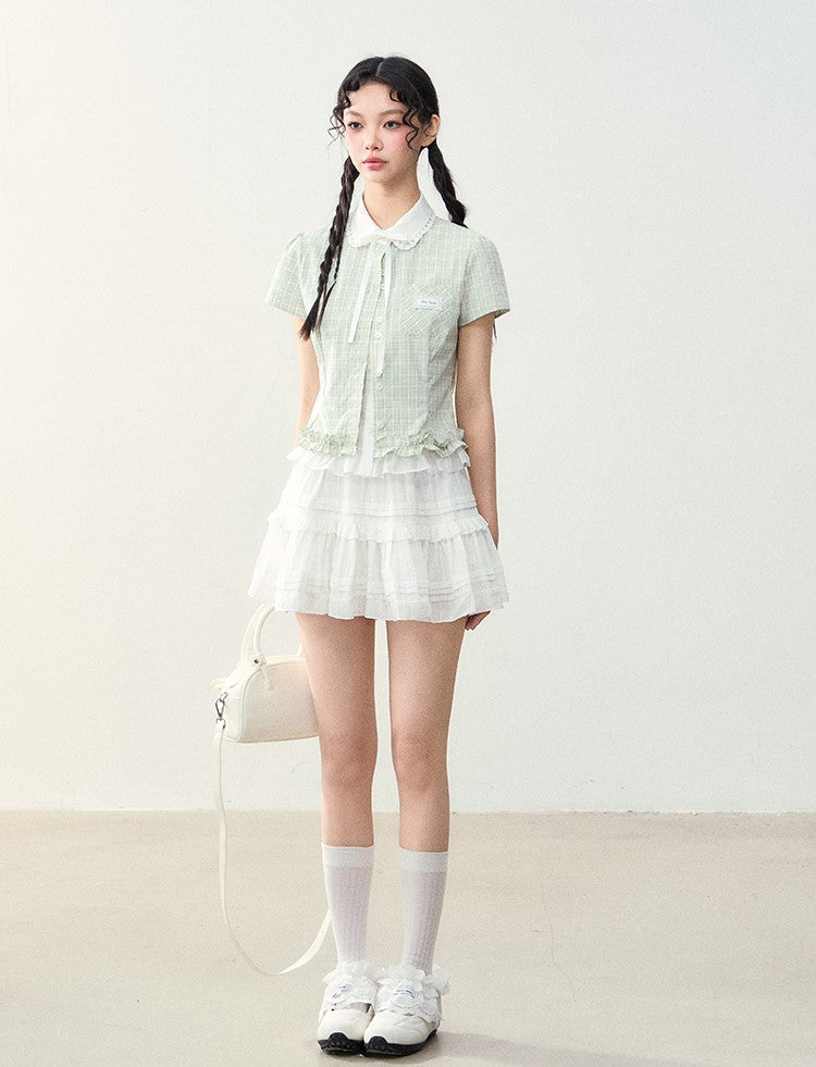 Doll Collar Fake Two-piece Plaid Shirt NTO0229