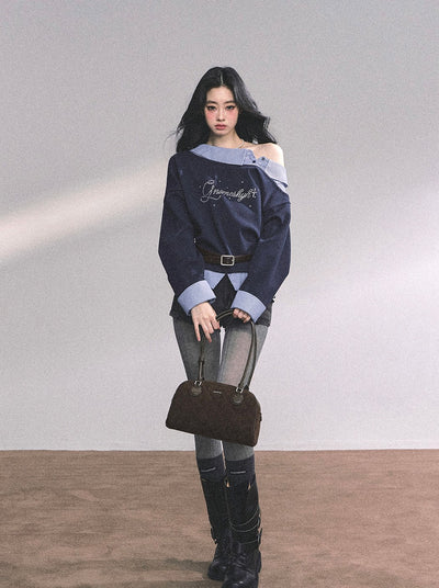 Fake Two-piece One Shoulder Plaid Sweatshirt DIA0626