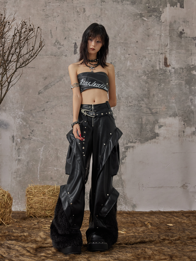 Punk Rock Three-Dimensional Large Pocket Furry Wide-leg Leather Pants FRU0074