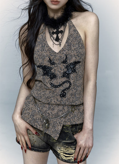 Punk Street Rock Embroidery Leopard Print Halter Vest NOR0067