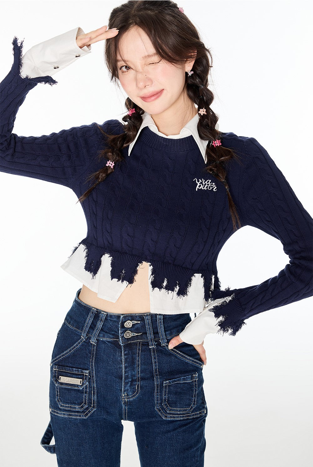 College Style Splicing Shirt Sweater VIA0141