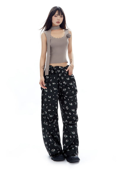 Floral Drawstring Loose Straight Versatile Wide-leg Pants APE0314