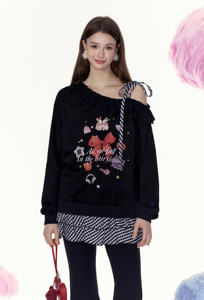 Doll Printed Splicing Retro Style Fake Two-piece Off-shoulder Sweatshirt AYF0056