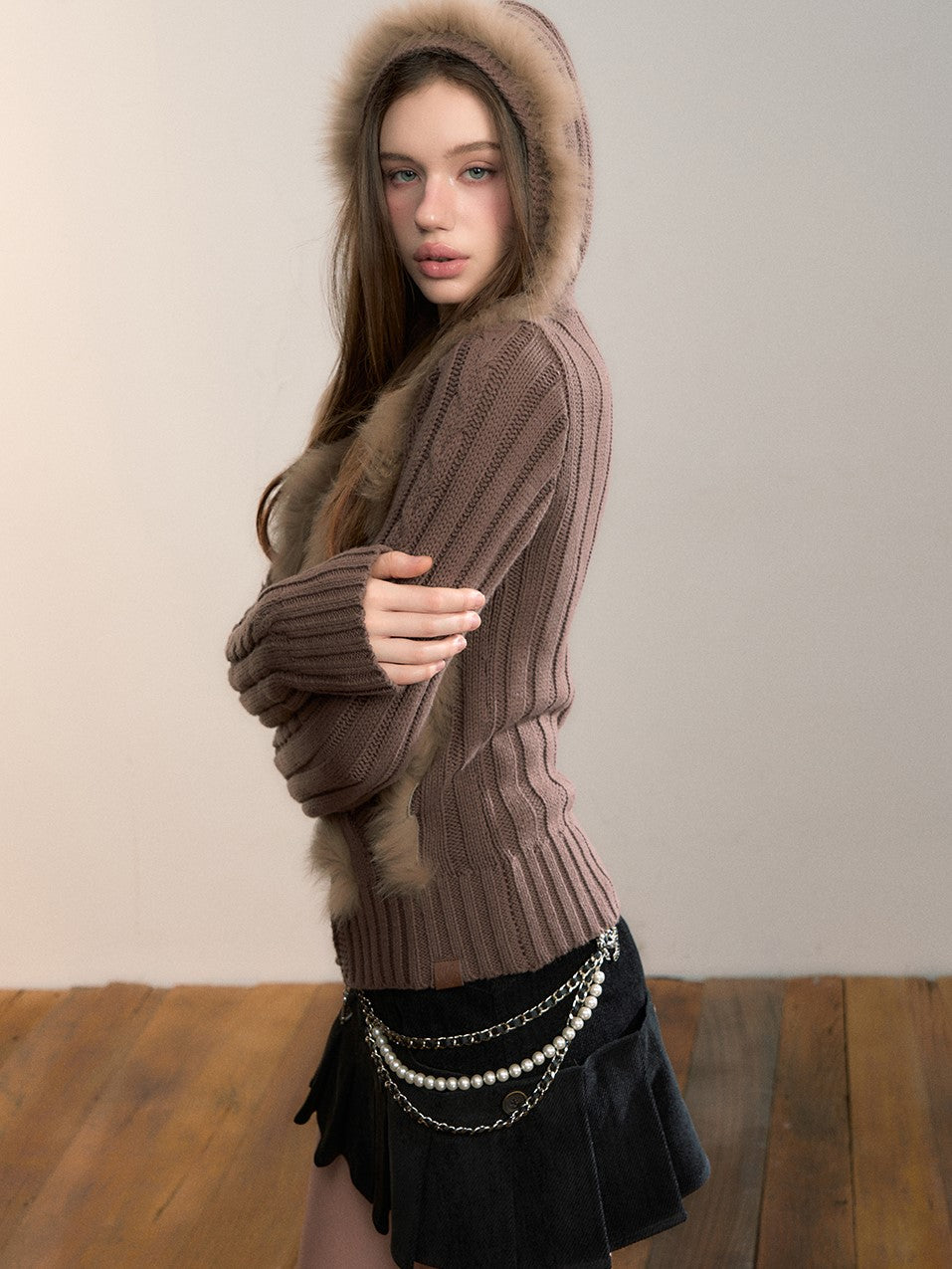 Fur Patchwork Knitted Hooded Cardigan VIA0356