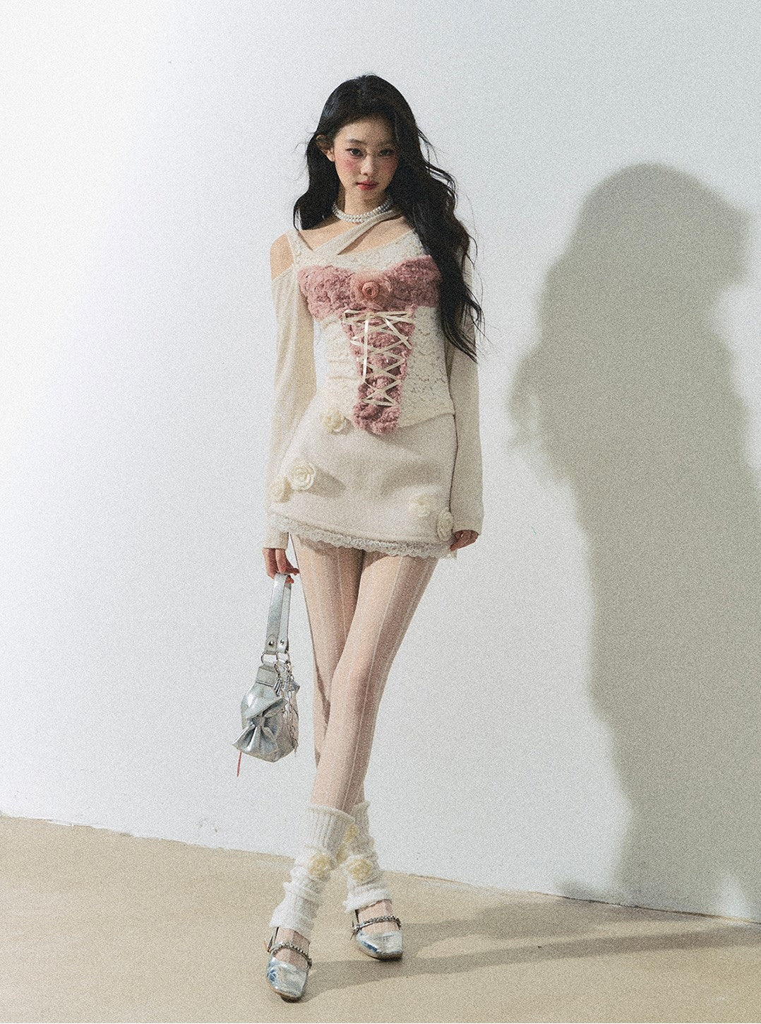 Rose Lace Long Sleeve Slimming Off-shoulder Knitted Sweater DIA0257