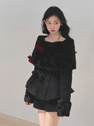 Detachable Cuffs Quilted Jacket/Ribbon Shawl/Shorts DIA0729