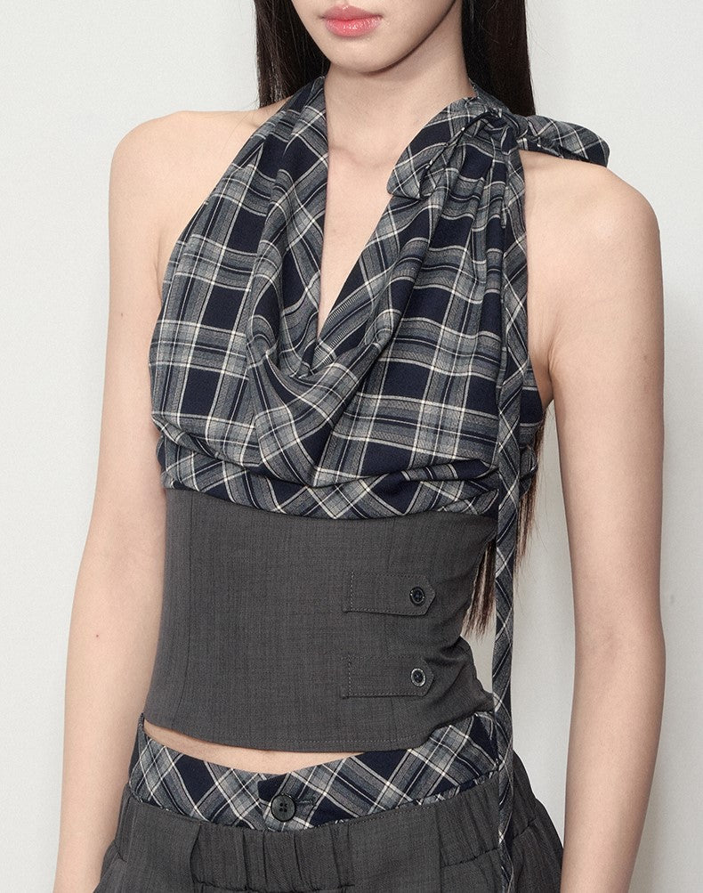 Plaid Halter Neck Top/Loose Suit Pants SOO0011