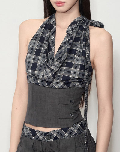 Plaid Halter Neck Top/Loose Suit Pants SOO0011