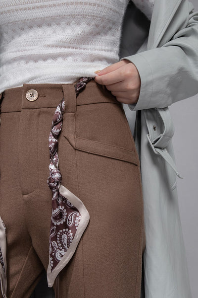Chestnut Brown Scarf Belt Flared Pants COT0360