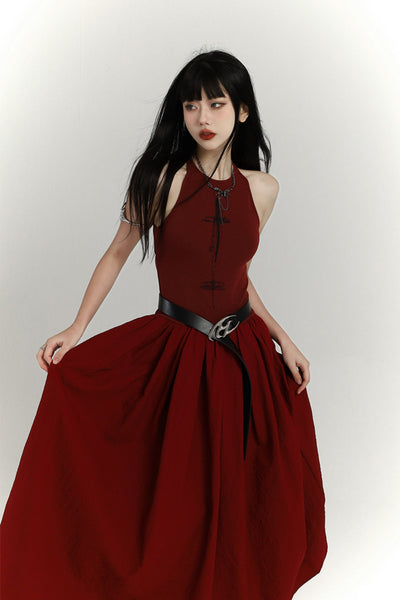 Chinese Style Red Suspenders Long Dress LAD0092