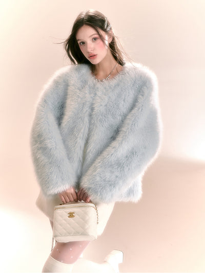 Luxury Wear Small Imitation Fur Blue Short Coat QDQ0104