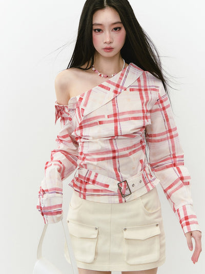 Off-shoulder Belt Plaid Shirt VIA0266
