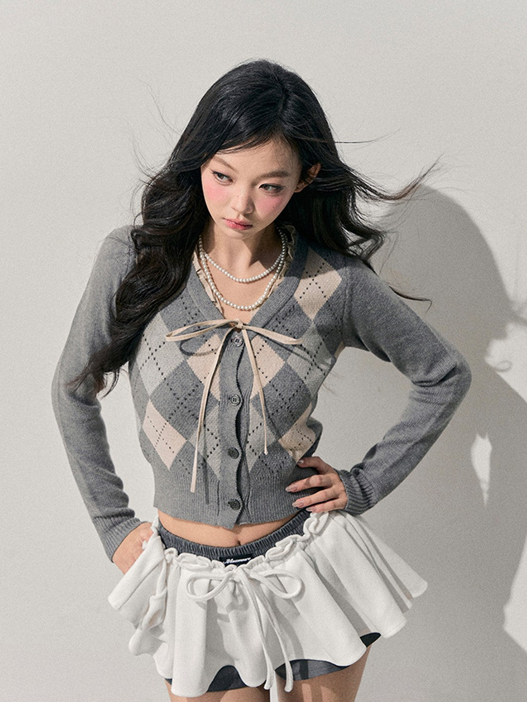 French Argyle Knitted Short Cardigan DIA0763