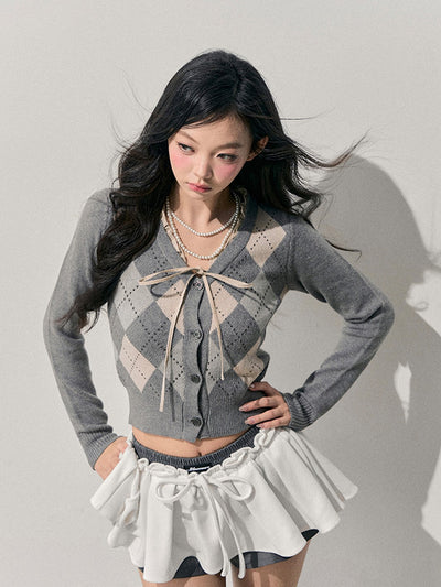 French Argyle Knitted Short Cardigan DIA0763