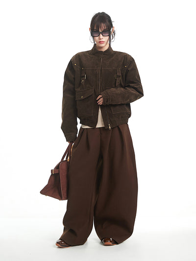 Brown Retro Suede Stand Collar Jacket UNC0330