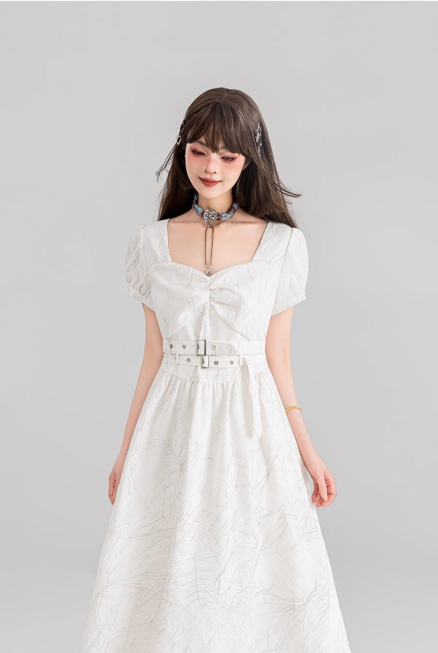 French Belt White Jacquard Square Collar Long Dress KEI0100