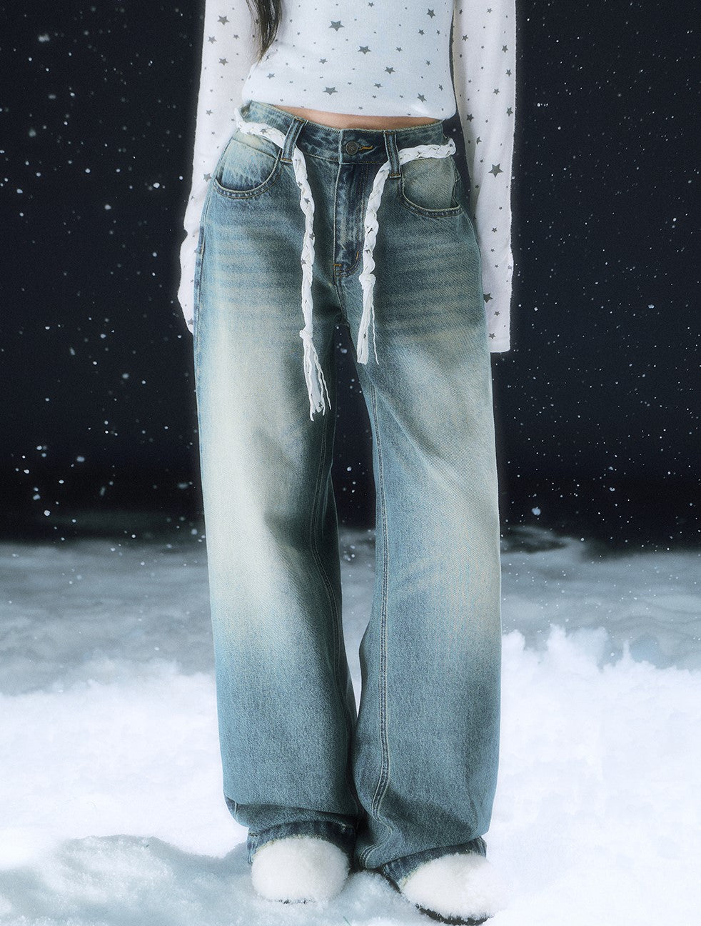 Retro Star Lace-up Washed Straight Leg Jeans WEE0112