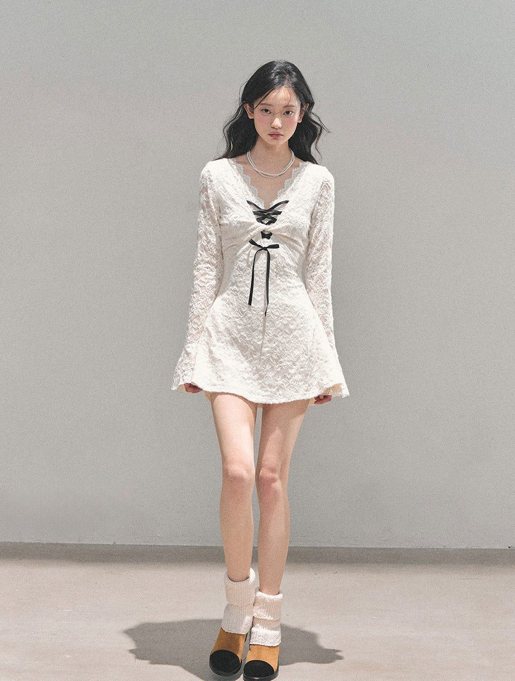 V-neck Long-Sleeved Lace Dress DIA0727