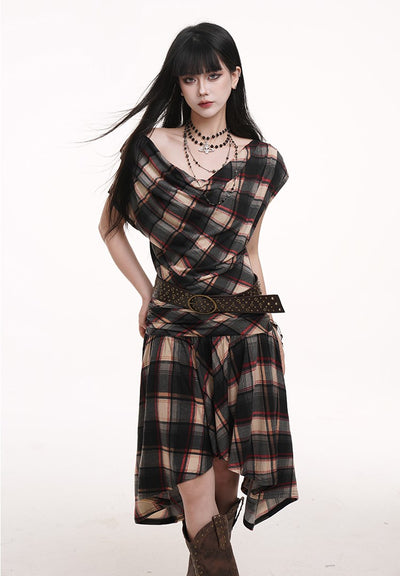Off-shoulder Plaid Dress LAD0183