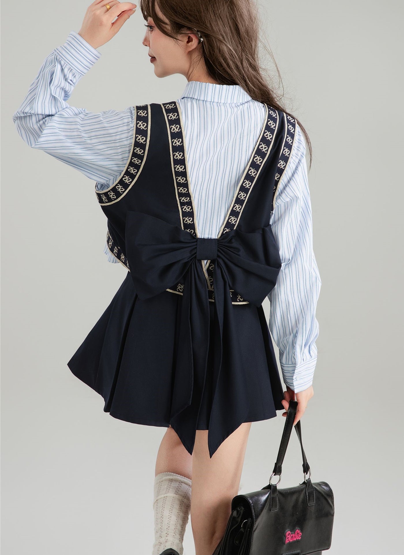 Patchwork Long-sleeved Fake Two-piece Shirt/Skirt KEI0167