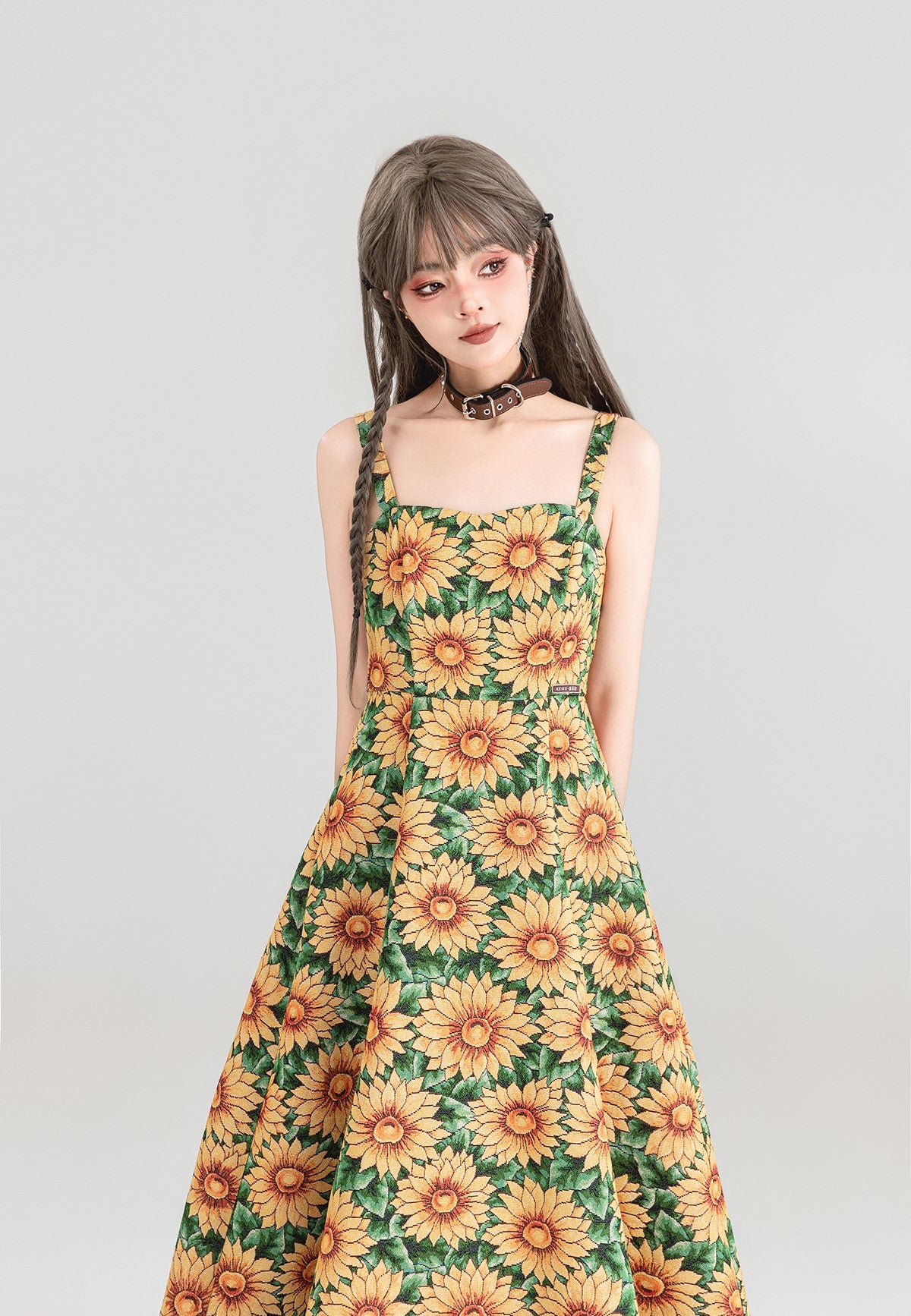 Sunflower Jacquard Floral Suspender Long Dress KEI0152