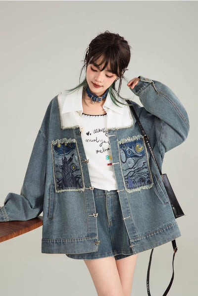 Literary Style Embroidered Denim Casual Jacket/Black Long Skirt KEI0122