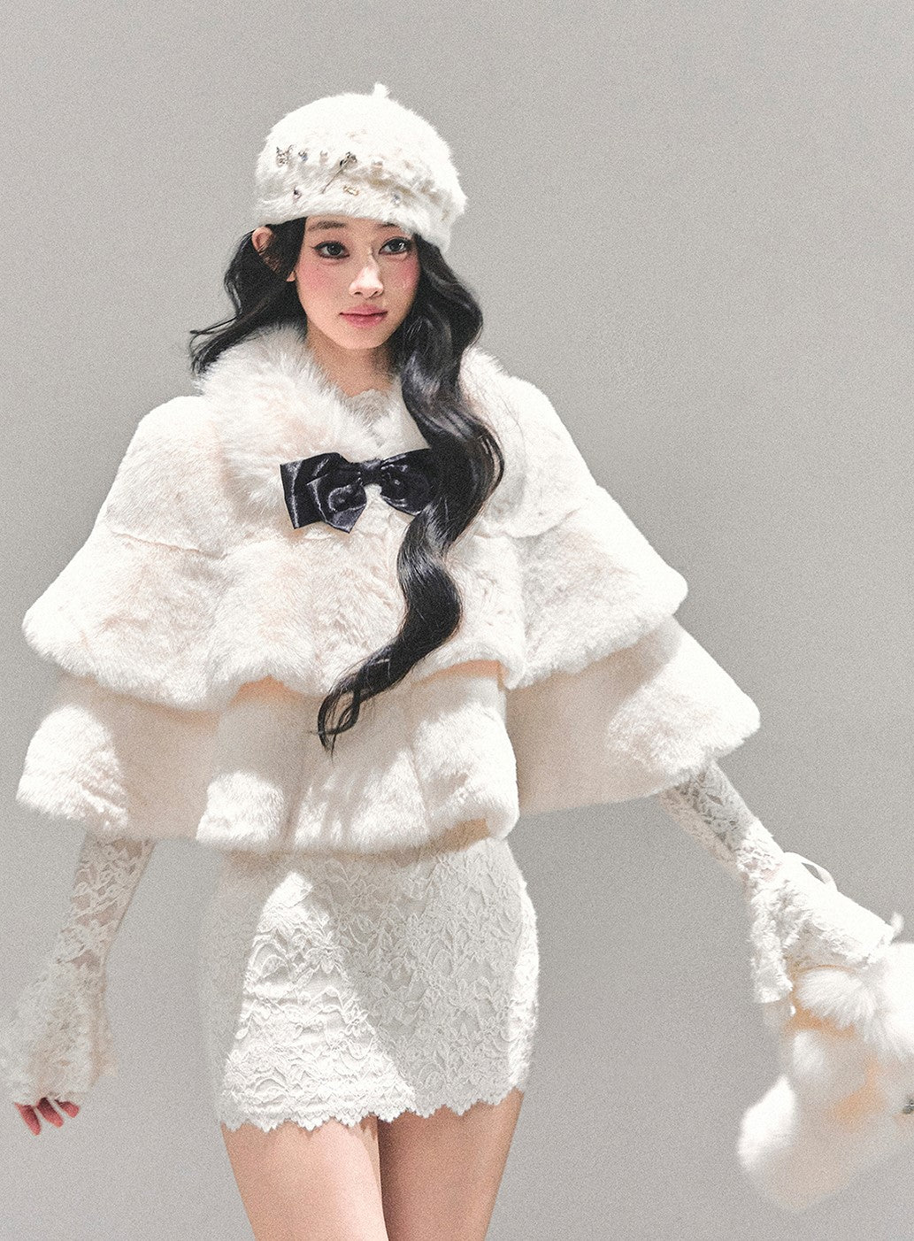 French-style Plush Ribbon Cape Coat DIA0674