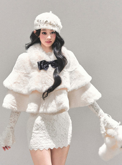 French-style Plush Ribbon Cape Coat DIA0674