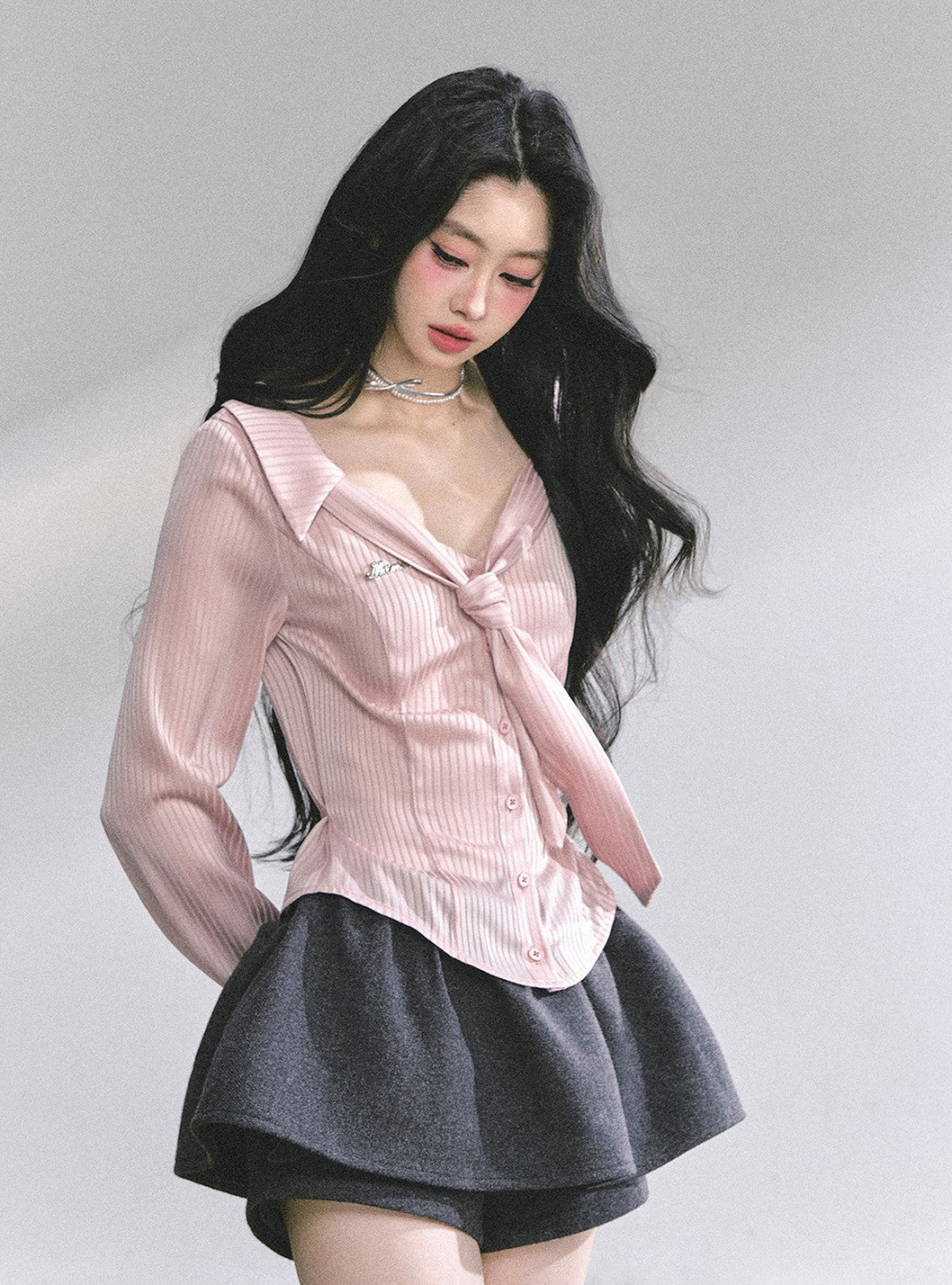 Pink Polo Collar Striped Shirt  DIA0570