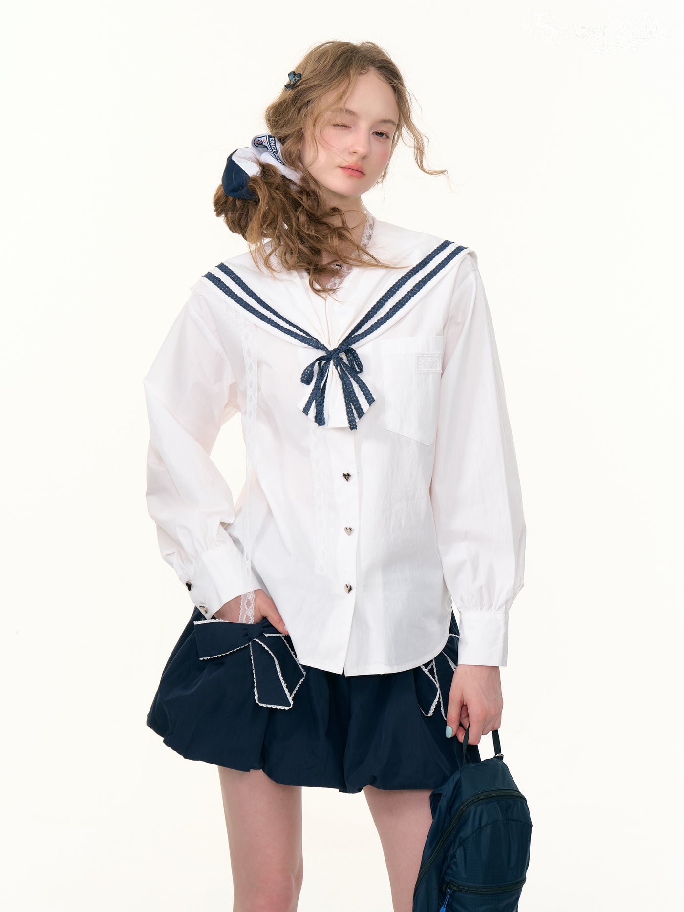Navy Collar Lace Long-sleeved Shirt ZIZ0299