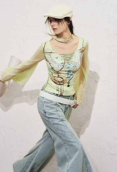 Pattern Printed Trumpet Sleeve Top OFA0286