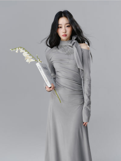 Decorated Collar Gray One-shoulder Long-sleeved Dress SAL0090